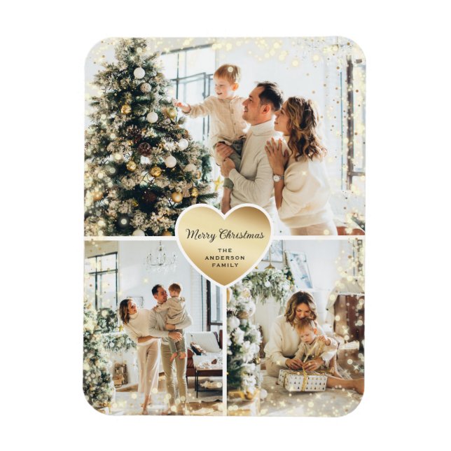 Sparkly Guld Heart Photo God jul Magnet (Vertikal)