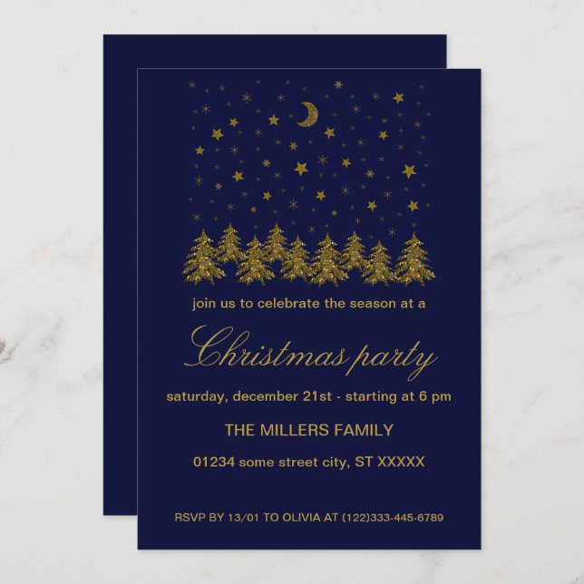 Sparkly guld jul-Julfesten Inbjudningar (Fram/baksida)
