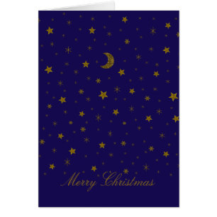 Sparkly guld jul måne, stjärnor på blått, blått hälsningskort