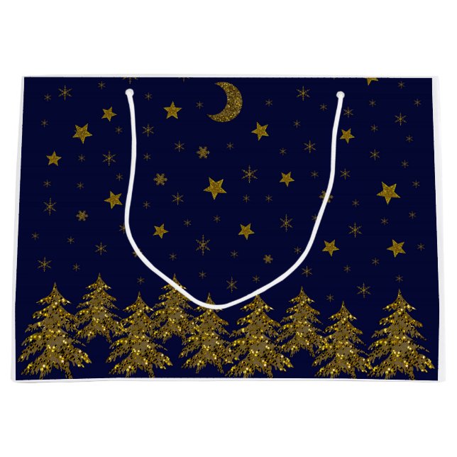 Sparkly guld, Julgran, måne, stjärnor på blå (Framsidan)