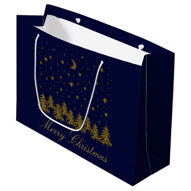 Sparkly guld, Julgran, måne, stjärnor på blå (Framsidan Vinklad)