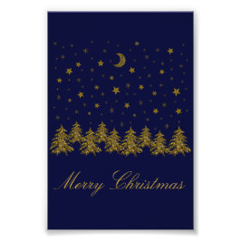Sparkly guld, Julgran, måne, stjärnor på blå Fototryck