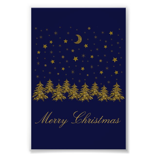 Sparkly guld, Julgran, måne, stjärnor på blå Fototryck (Framsidan)