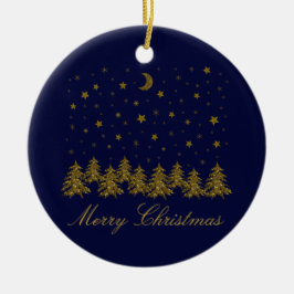 Sparkly guld, Julgran, måne, stjärnor på blå Julgransprydnad Keramik