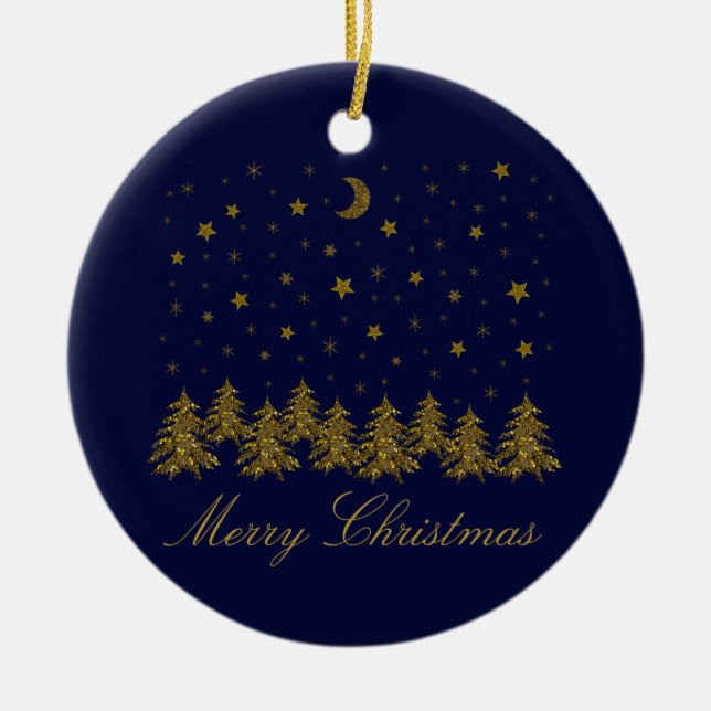 Sparkly guld, Julgran, måne, stjärnor på blå Julgransprydnad Keramik (Framsidan)
