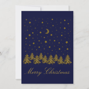 Sparkly guld, Julgran, måne, stjärnor på blå Julkort