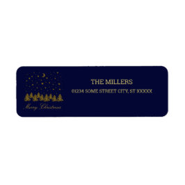 Sparkly guld, Julgran, måne, stjärnor på blå Returadress Etikett