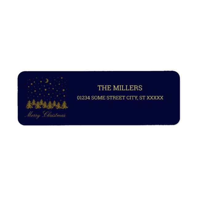 Sparkly guld, Julgran, måne, stjärnor på blå Returadress Etikett (Framsidan)