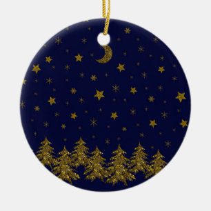 Sparkly guld- julgran, måne, stjärnor på blått julgransprydnad keramik