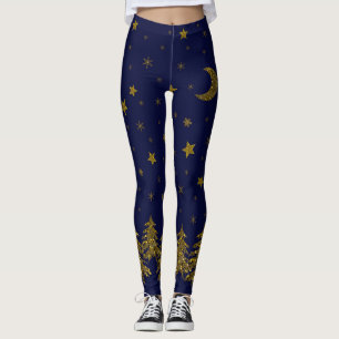 Sparkly guld- julgran, måne, stjärnor på blått leggings