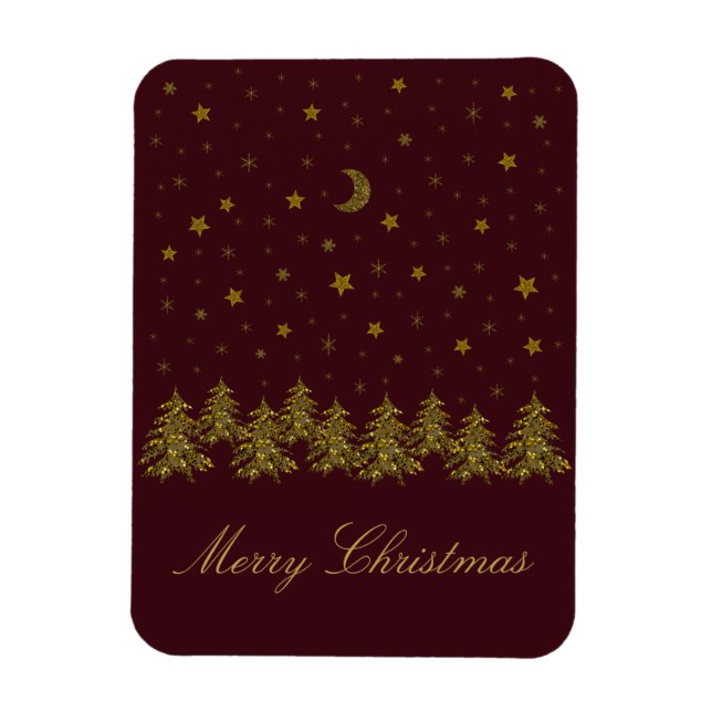 Sparkly guld Julgran, måne, stjärnor på rött Magnet (Vertikal)