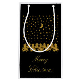 Sparkly guld Julgran, måne, stjärnor på svart