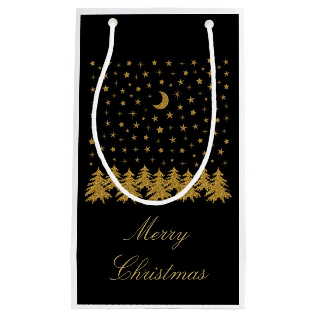 Sparkly guld Julgran, måne, stjärnor på svart (Framsidan)