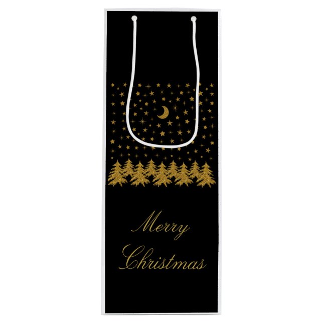Sparkly guld Julgran, måne, stjärnor på svart (Framsidan)