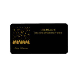 Sparkly guld Julgran, måne, stjärnor på svart Adressetikett