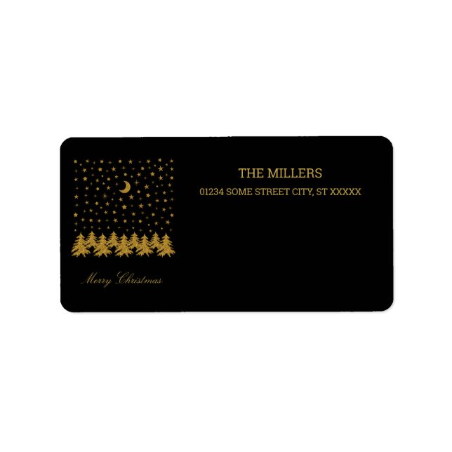 Sparkly guld Julgran, måne, stjärnor på svart Adressetikett (Framsidan)