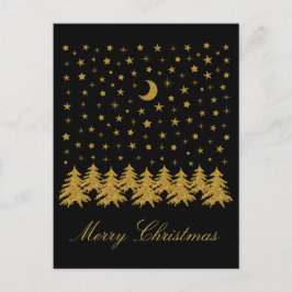 Sparkly guld Julgran, måne, stjärnor på svart Helg Vykort