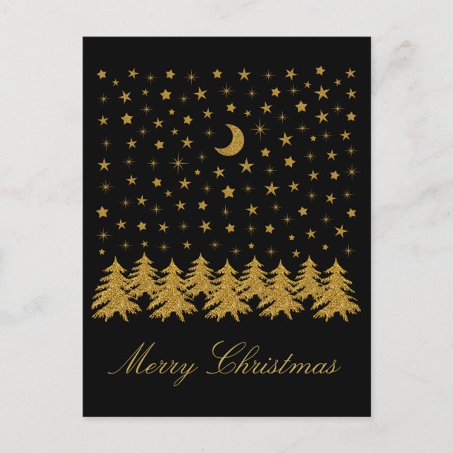Sparkly guld Julgran, måne, stjärnor på svart Helg Vykort (Framsida)