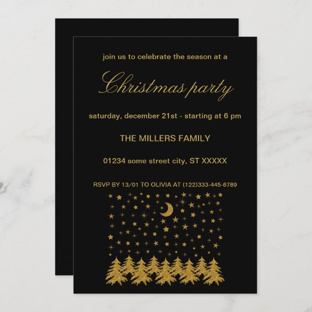 Sparkly guld Julgran, måne, stjärnor på svart Inbjudningar (Fram/baksida)