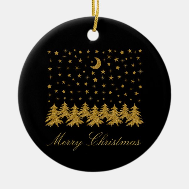 Sparkly guld Julgran, måne, stjärnor på svart Julgransprydnad Keramik (Framsidan)
