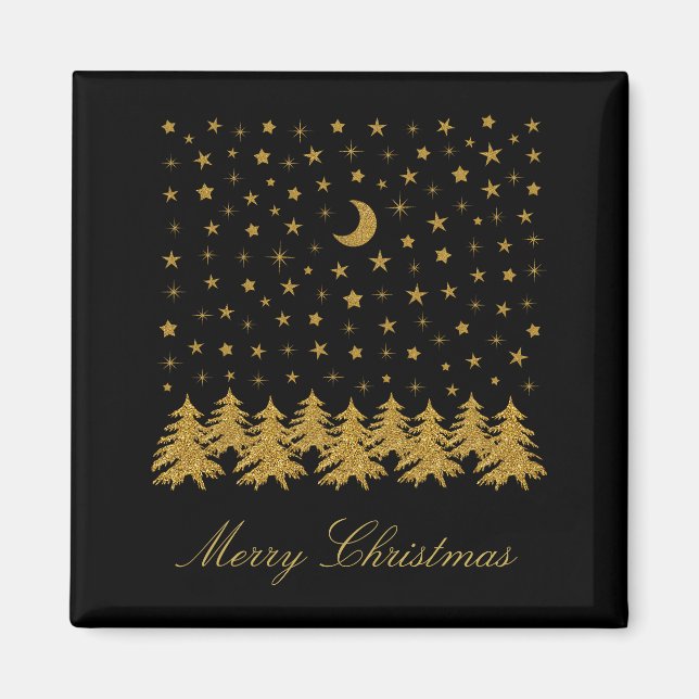 Sparkly guld Julgran, måne, stjärnor på svart Magnet (Framsidan)