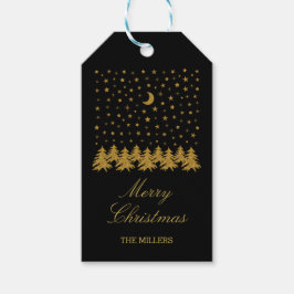 Sparkly guld Julgran, måne, stjärnor på svart Presentetikett