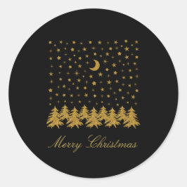 Sparkly guld Julgran, måne, stjärnor på svart Runt Klistermärke