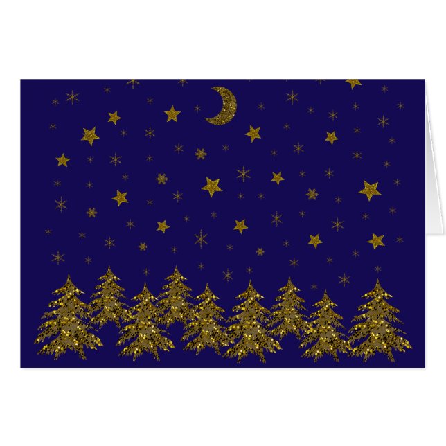Sparkly guld Julgran om blått Hälsningskort (Framsidan Horizontal)