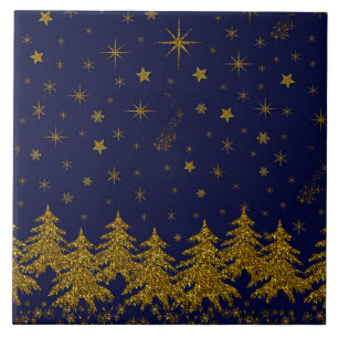 Sparkly Guld Julgran, stjärnor, snö på blå, p Kakelplatta