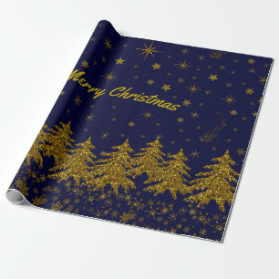 Sparkly Guld Julgran, stjärnor, snö på blå W Presentpapper