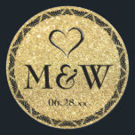 Sparkly Guld Monogram Wedding Favor Stickers Sälar Runt Klistermärke<br><div class="desc">Rundfaux guld glitter och svarta monokulärgister för bröllop. Cute open black eart med monogrammat initialer av brud och groom plus datum för deras giftermål. Personlig tack vare klistermärken eller luxuriöst sälar eller klistermärken. Elegantens typografi och chic svart och guld gräns som har antydningar om Art Deco stil. Shiny golden glittery...</div>