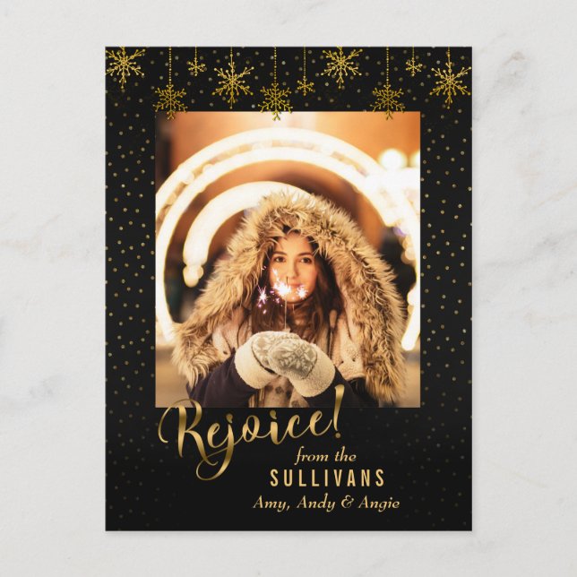Sparkly Guld Snowflake Rejoice PhoCard Helg Vykort (Framsida)