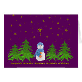 Sparkly guld-stjärnor, snögubbe och grönt träd hälsningskort