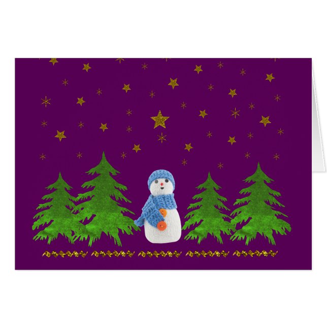 Sparkly guld-stjärnor, snögubbe och grönt träd hälsningskort (Framsidan Horizontal)