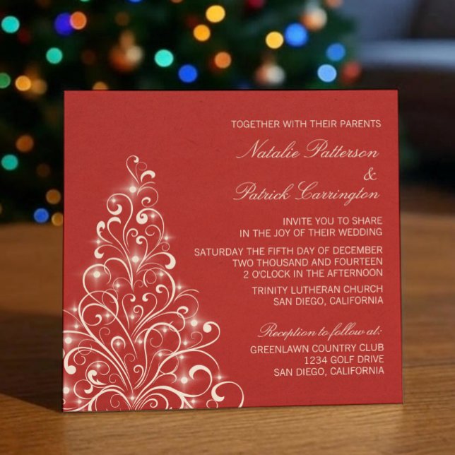 Sparkly Helgdag Bröllop, Röda, Röda Inbjudningar (Red Sparkly Holiday Tree Wedding Invitation)