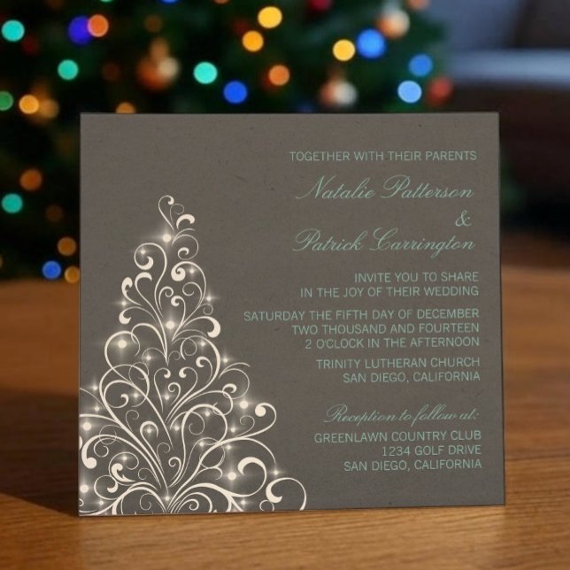 Sparkly Helgdag bröllopsinbjudan, Grått Inbjudningar (Gray Sparkly Holiday Tree Wedding Invitation)