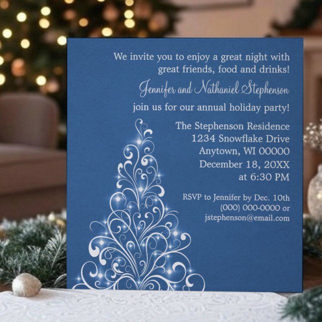 Sparkly Helgdag Inbjudan, Royal Blue Inbjudningar (Royal Blue Sparkly Holiday Tree Christmas Party Invitation)