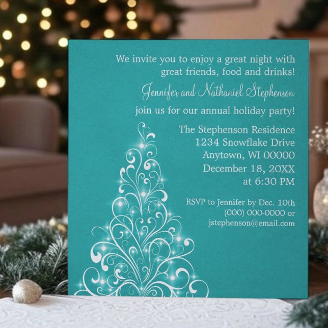 Sparkly Helgdag Inbjudan, Teal Inbjudningar (Teal Sparkly Holiday Tree Christmas Party Invitation)