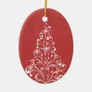 Sparkly Helgdag Oval Ornament, Röd, Träd Julgransprydnad Keramik