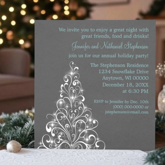 Sparkly Helgdag, Träd, Party, Mörk, Grått Inbjudningar (Dark Gray Sparkly Holiday Tree Christmas Party Invitation)