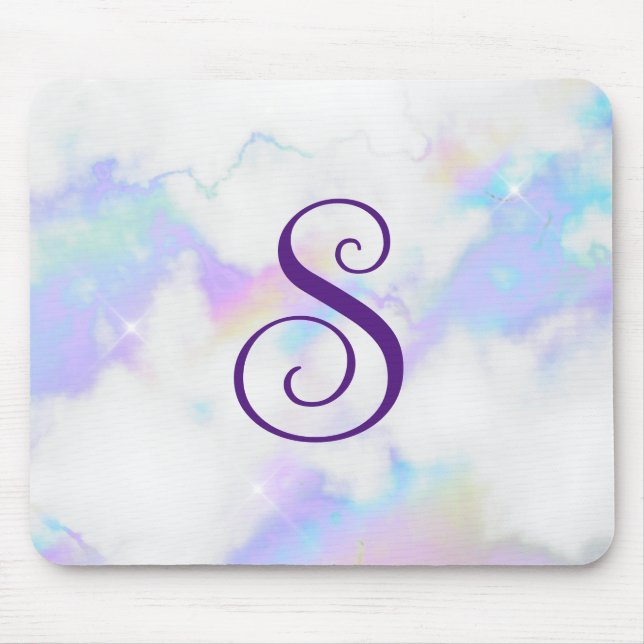 Sparkly Iridescent Rainbow Marble Curly Monogram Musmatta (Framsidan)