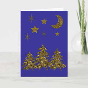 Sparkly Julgran, måne, stjärnor på blått Helgkort