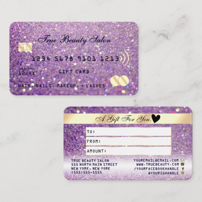 Sparkly Lilac Lila Guld Glitter Kredit Gift Card Visitkort (Fram/baksida)