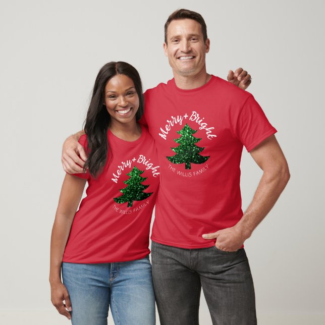 Sparkly Merry bright Christmas tree Custom name  T Shirt (Unisex)