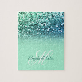 Sparkly Mint Blue Glitter Turkvoise Ombre Monogram Pussel