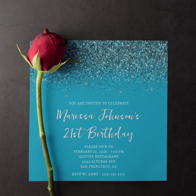 Sparkly Mörk Teal Glitter Azure 21:a födelsedagen Inbjudningar (Sparkly Dark Teal Glitter Azure 21st Birthday Invitation)
