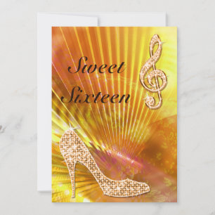 Sparkly Orange Music Note & Stiletto 16:e födelsed Inbjudningar