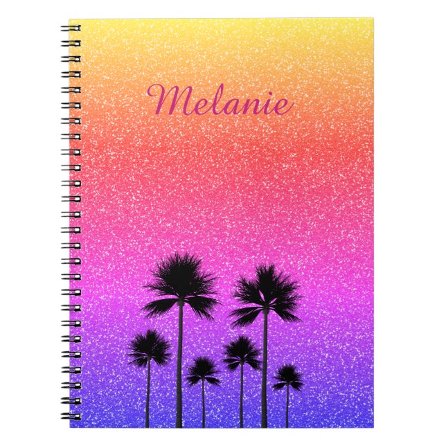 Sparkly Palm Trees Gradient Sunset Personalised Anteckningsbok (Framsidan)