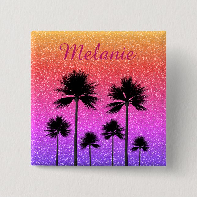 Sparkly Palm Trees Gradient Sunset Personalised Knapp (Framsida)