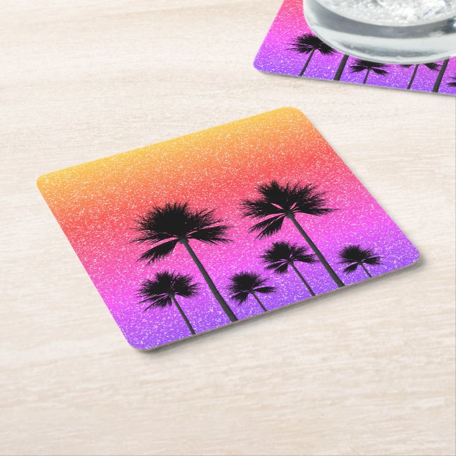 Sparkly Palm Trees Gradient Sunset  Underlägg Papper Kvadrat (Vinklad)